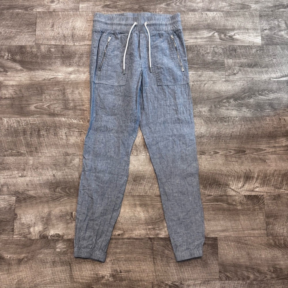 Athleta Cabo Linen Jogger Pants Chambray Blue Heather Zip Pockets Womens Sz. 0